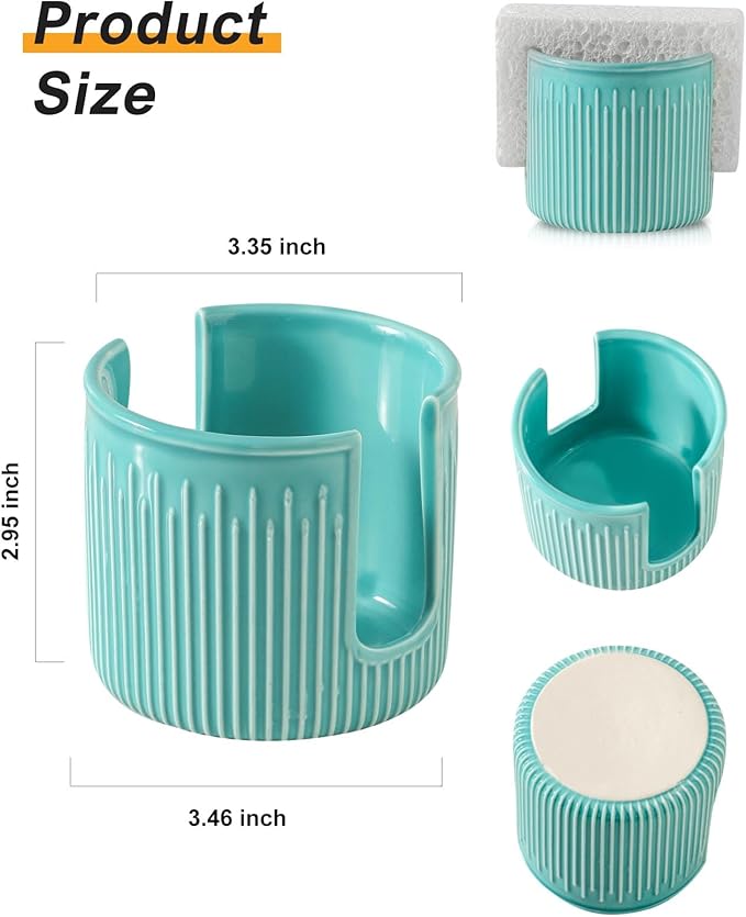 Ceramic Sponge Holder for Kitchen Sink, Scrub Sponge Dish Rack, Farmhouse Compact Sink Caddy Organizer, Turquoise