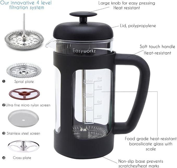 Easyworkz French Press 12 oz, Bundled Manual Coffee Grinder with Airtight Canister