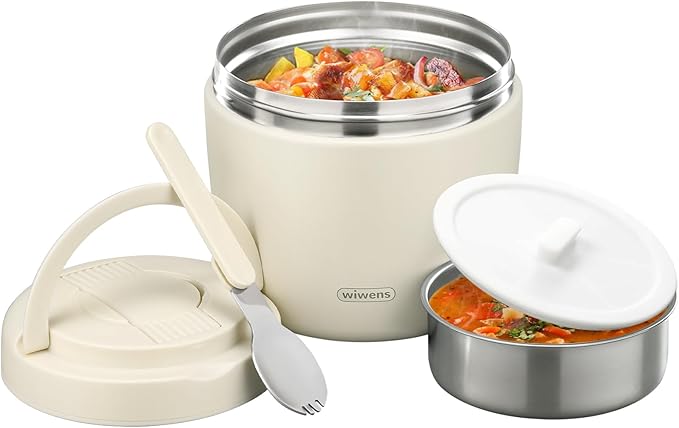 wiwens Thermo Food Jar for Hot Food Adults 32OZ Soup Thermo Lunch Containers Wide Mouth Vacuum Insulated Stainless Steel Leakproof Bento Box with Spoon (Beige)