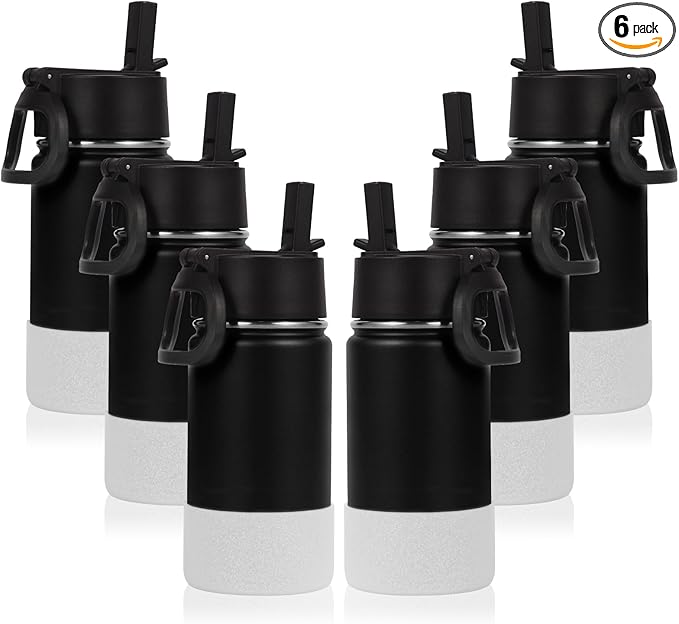 Volhoply 14oz KIds Water Bottle with Straw Lid and Silicone Boot Bulk 6 Pack,Stainless Steel Insulated Cups for Boys & Girls Multipack,Double Wall Vacuum Leakproof Bottles(Black,6)