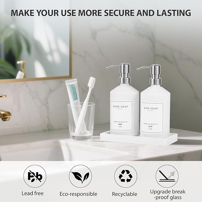 White Glass Soap Dispenser for Kitchen, Dish and Hand Soap Dispenser with Silver Stainless Steel Pump, Modern Kitchen Decor and Accessories (White Bottle/Silver Pump)