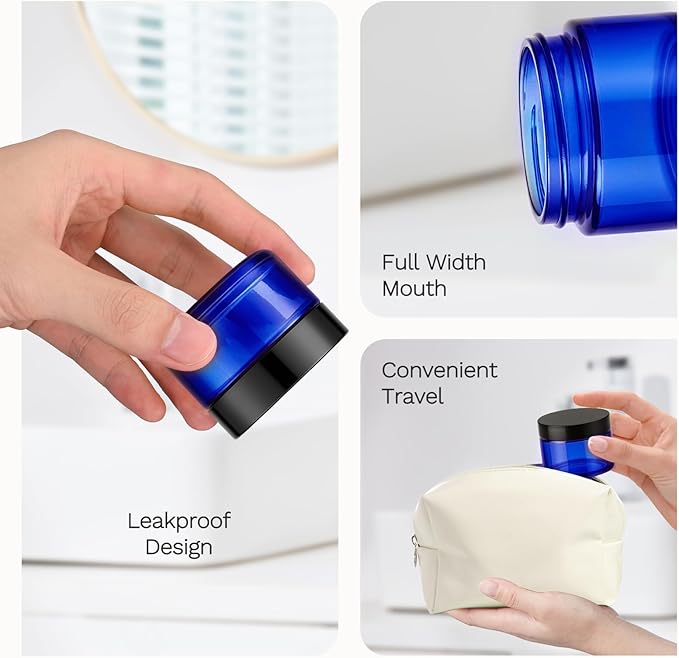 Bumobum 1 oz Blue Glass Jars with Lids, 48 pack Clear Small Jars with Black Lids, White Labels & Inner Liners, Empty Round Cosmetic Containers for Cream, Lotion