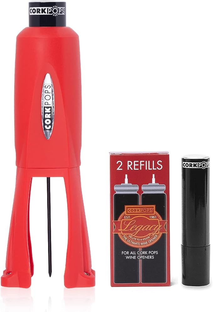 Cork Pops Legacy Wine Opener Built-in 4-Blade Foil Cutter Safe Cork Removal, Effortless Push Button Use, Needle Guard for Safety, Low-Pressure Cartridge Opens Up To 60 (Red, With 3 Cartridges)