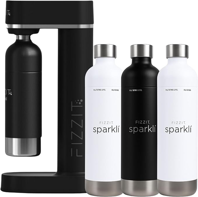 Fizzit Sparklí Stainless Steel Sparkling Water Maker with 3 Reusable Stainless Steel Water Bottles – Soda Streaming Machine Carbonated Seltzer Fizzy Water Maker for Home Kitchen, Dishwasher Safe