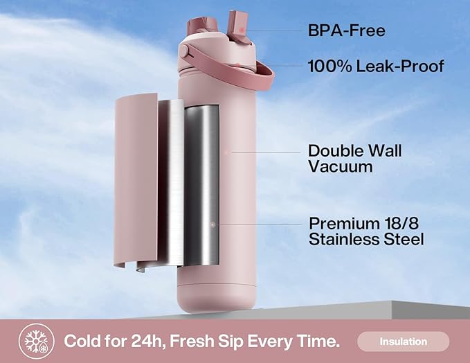 POWCAN 26 oz Insulated Water Bottle with 2-in-1 Straw and Spout Lid, Keep Cold 24H, Leak-Proof, Fits in Car Cup Holder, Stainless Steel Water Bottle for Sports, Travel, Gym, and School (Dried Rose)