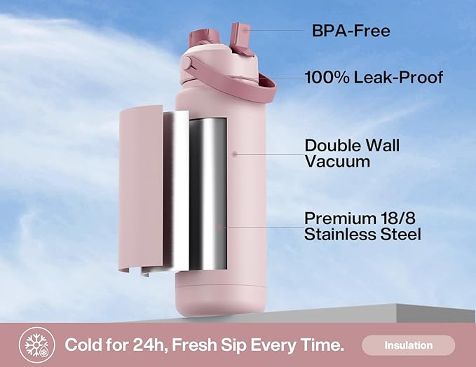 POWCAN 32 oz Insulated Water Bottle with 2-in-1 Straw and Spout Lid, Keep Cold 24H, Leak-Proof, BPA-Free, Double Wall Stainless Steel Water Bottle for Sports, Gym, Travel, and School (Dried Rose)