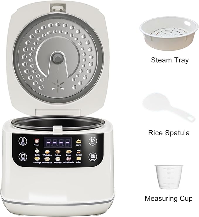Portable Digital Rice Cooker, 6-Cup (Uncooked)/12-Cup (Cooked) Small Rice Maker with Steaming Basket, Mini Rice Cooker with 2L Removable Nonstick Inner Pot, 10 Menu Options, Auto Keep Warm, 24 Hour Delay Timer, White