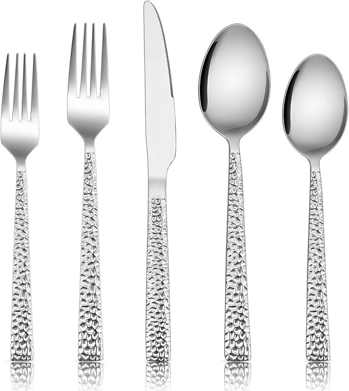 E-far 10-Piece Hammered Silverware Set, Stainless Steel Square Flatware Set Service for 2, Tableware Cutlery Set Includes Forks Spoons Knives, Modern Design & Mirror Polished - Dishwasher Safe