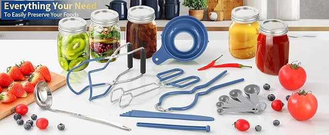 Canning Supplies Starter Kit,Canning Kit for Beginners of 9 with Jar Lifter，Wide Mouth Funnel,Wrench,Tongs,Lid Lifter,Bubble Popper,Canning Labels,ladle,Measuring Spoon-Blue
