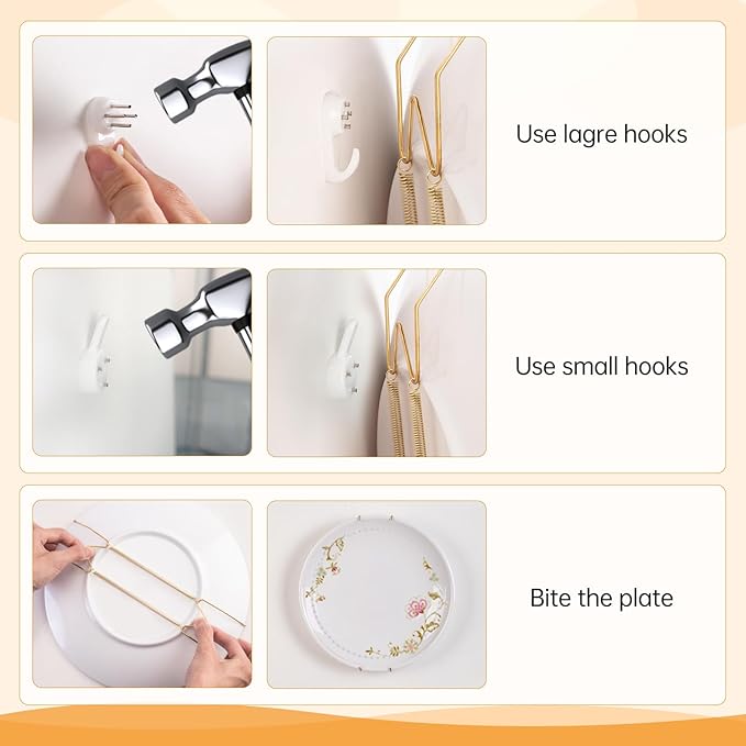 Bilillo 14 pcs Plate Hangers for The Wall, 4/6/8/10/12 Inch Invisible Plates Hangers, Stainless Steel Plate Wall Holders for Display Various Sizes with Hooks for Decorative