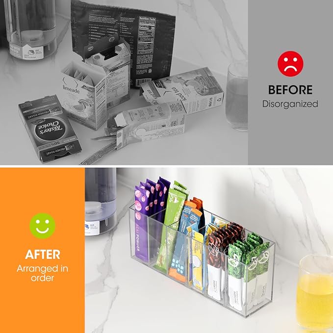 AIEVE Drink Packet Organizer, Water Drink Packet Holder with Removable Divider, Water Flavor Packet Organization Container for Kitchen Organizers and Storage (6 Compartments)