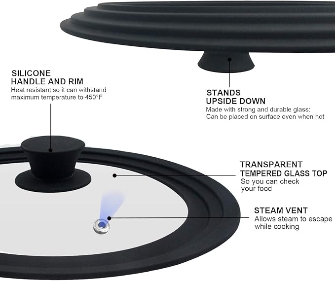 Universal Lid for Pots, Pans and Skillets Fits 7", 8" and 9" Diameter Cookware - Walfos Tempered Glass Pan Lid with Heat Resistant Silicone Rim, Multi-purpose BPA Free Pot Lids, Dishwasher-Safe, Black
