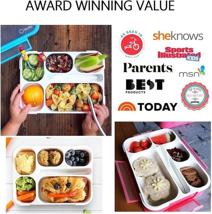 kinsho Lunch Boxes for Boys Teens Adults - Bento Box Set with Insulated Bag and Ice Pack, 6 Compartment Leak Proof Food Container, BPA-Free, Microwave Safe, Ideal for School & Work, Pink