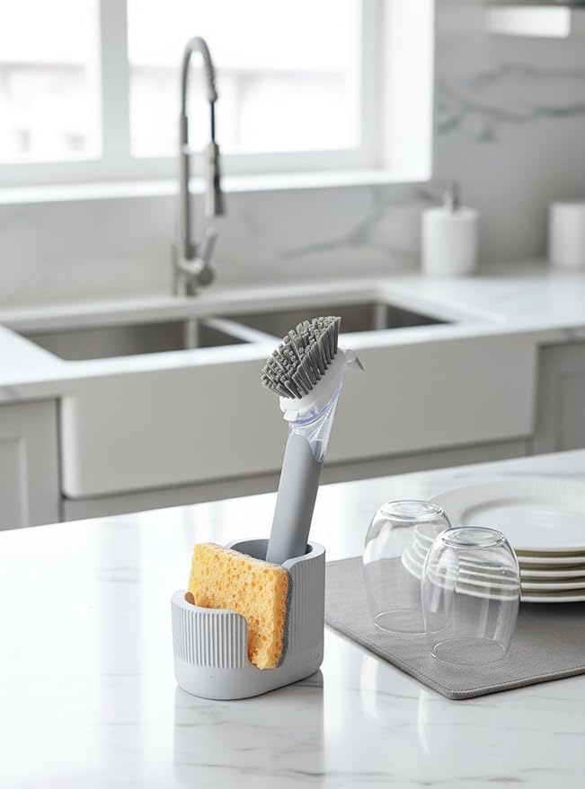2-in-1 Diatomite Sponge Holder for Kitchen Sink, Quick-Drying Sponge and Dish Brush Holder, Absorbent Stone Sink Caddy Organizer, Light-Gray