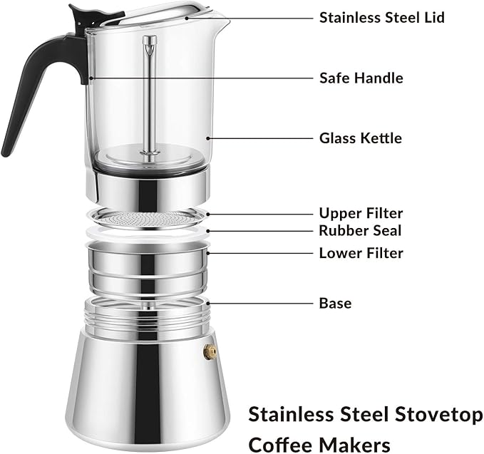 Geesta Premium Crystal Glass-Top Stovetop Espresso Moka Pot - 4/6/ 9 Cups Stainless Steel Coffee Maker- 360ml/12.7oz/9 cup (espresso cup=40ml)