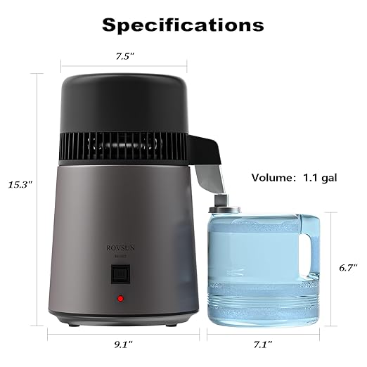 Bonnlo High Efficiency 1.1 Gallon Water Distiller, BPA-Free Container & 304 Stainless Steel Interior, Countertop Distilled Water Machine w/Overheat Protection & Flame Retardant for Home, CPAP, Gray