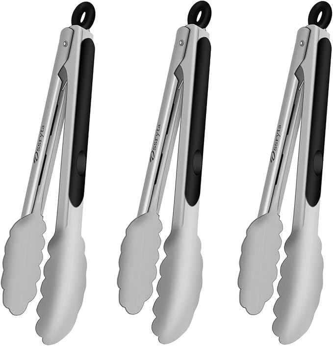 Small Cooking Tong Set of 3 - Mini 7 Inch Stainless Steel Locking Tongs, Heat Resistant to 600°F, Food Grade Kitchen Metal Tong for Food, Salad, Pasta, Steaks, Vegetables - Dishwasher Safe