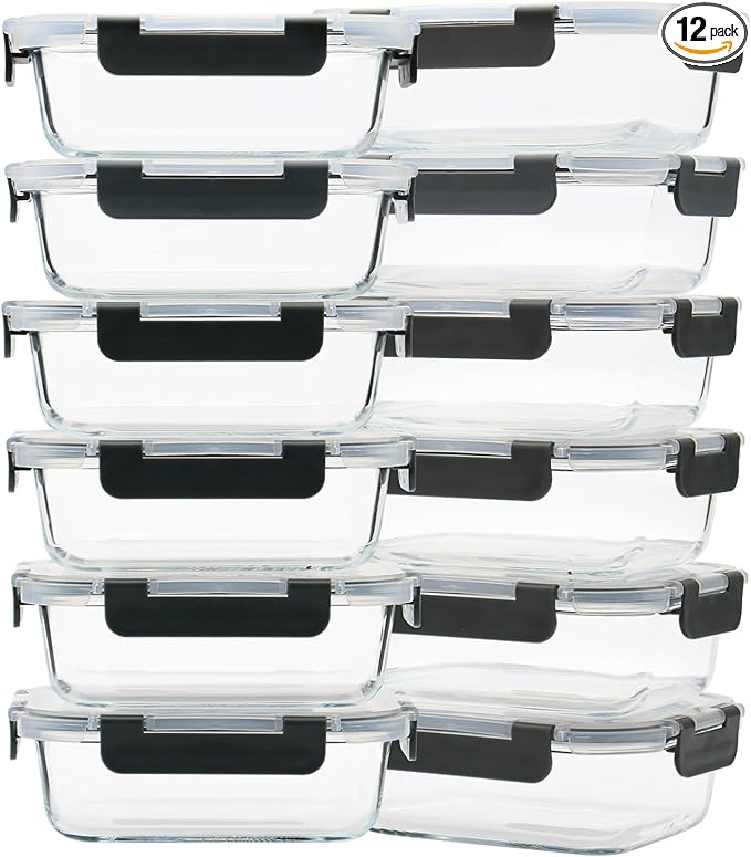 GULFLIN 12 Pack 22oz Glass Meal Prep Containers, Food Storage Containers with Lids, Air-Tight, Leak-Resistant, Freezer to Microwave Safe - Grey Set