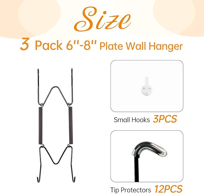 3 Pack Plate Hangers for The Wall, Suitable for 6-8 inch Art Plate, Stainless Steel Invisible Heavy Duty Wire Plate Holder with Wall Hooks, Plate Hangers for Displaying Plates, Platter, Dish, Black