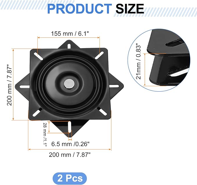 uxcell 8" Bar Stool Swivel Replacement, 360° Rotation Lazy Susan Turntable, Square Semi-Ball Bearing Seat Swivel Base Mount Plate for Recliner Chair or Table, Black (200x2mm)