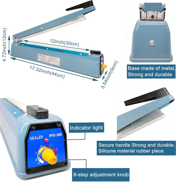 Impulse Heat Sealer 12 Inch 5mm Mylar Bag Sealer Heat Seal Machine, 110v Manual Heat Sealer for Plastic/Poly/Cookie Bags, 8 Replacement Parts & Teflon Cloth Strip(2 Round Cutter Lines Included)