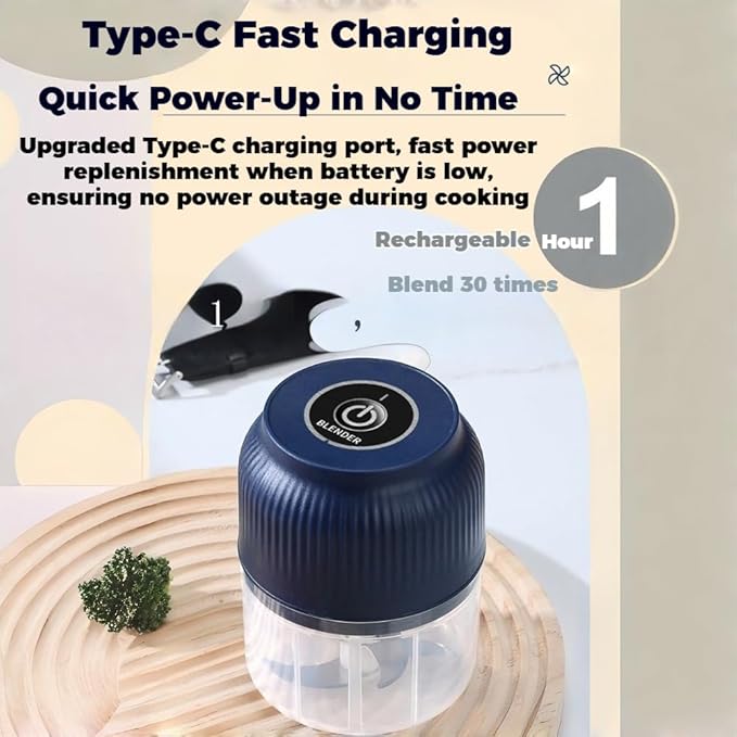 300ML USB Rechargeable Electric Garlic Chopper, Mini Portable Veggie Cutter with Eggbeater&4/6 Knife Heads, Veggie Chopper with Container and Lid, Vegetable Crusher (B)