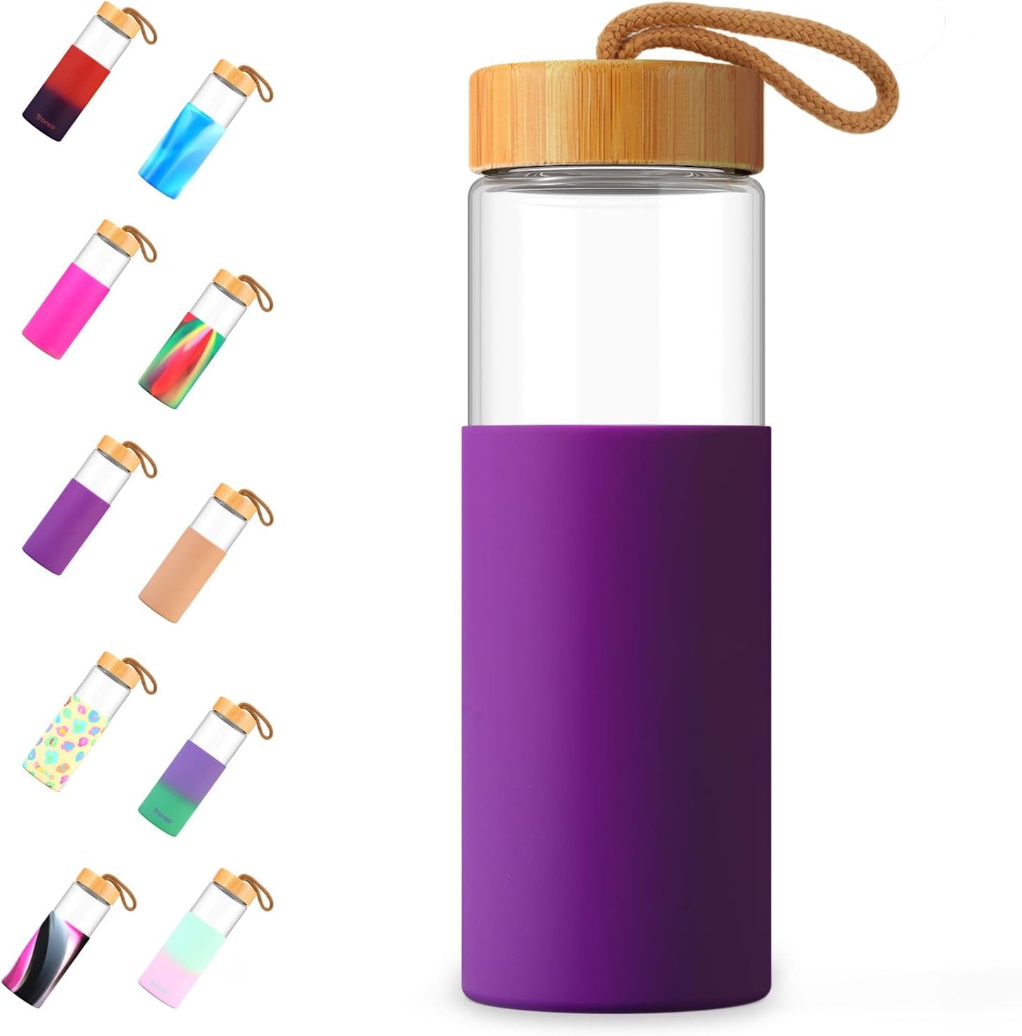 Tronco 24oz Glass Water Bottles with Bamboo Lid & Silicone Sleeve, Leak Proof, BPA Free, Reusable Borosilicate Glass Bottles for Juicing, Smoothies, Juice & Water, for Men & Women Gym, Office, Travel