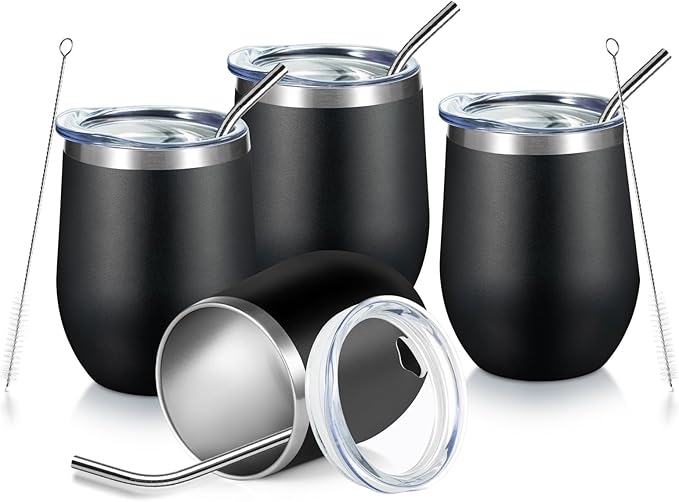COMOOO 12oz Stainless Steel Wine Tumbler with Lid and Straw, Double Wall Vacuum Insulated Wine Tumbler Cup for Hot and Cold Drinks, Wine, Coffee, Champaign, Black, 4 Pack