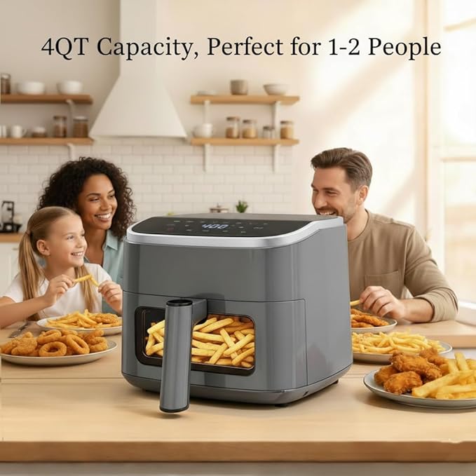 HealSmart 4 Qt Air Fryer with Visible Window, 8-in-1 Digital Airfryer with Interior Light, 1500W, Nonstick Dishwasher-Safe Basket for Fries, Bake, Wings, 60-Min Timer, Grey