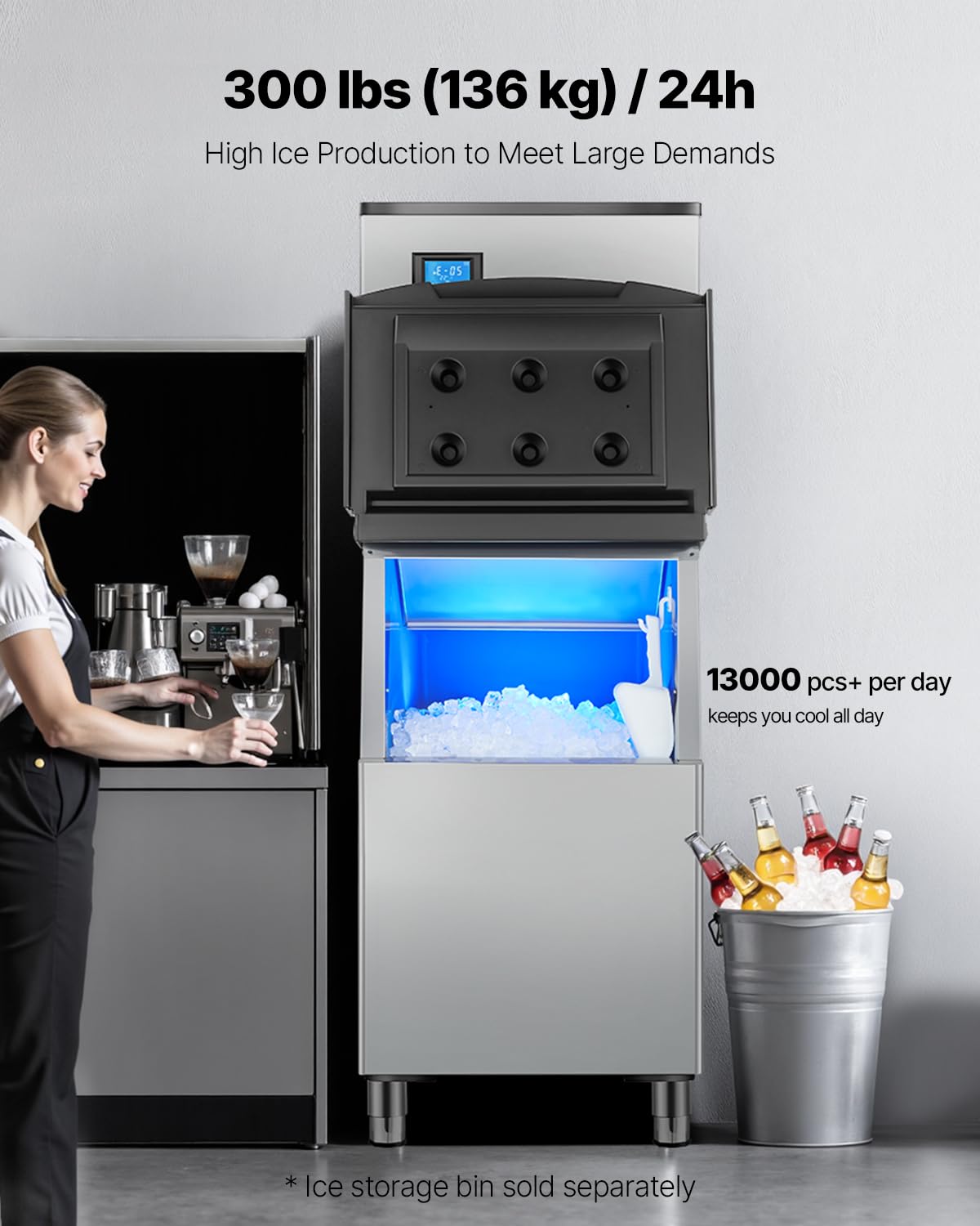 VEVOR Commercial Ice Maker Machine-Head 300 lbs/24 h, 20 Inch Stainless Steel Industrial Ice Machine, Self-Cleaning and Scheduled Ice Making, Modular Ice Cube Machine for Restaurant Hotel - Head Only