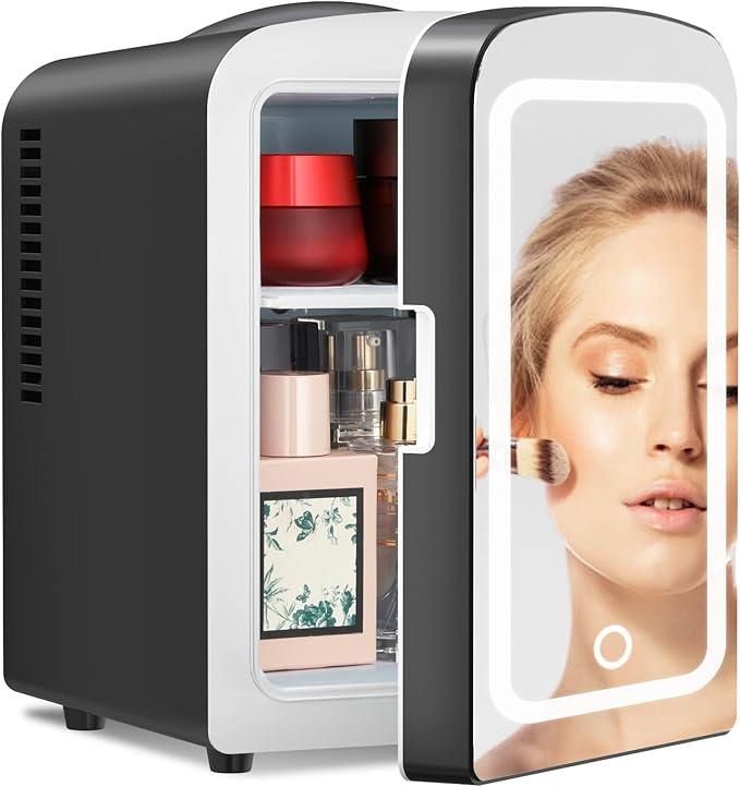 Antarctic Star 4L Makeup Mini Refrigerator With Mirror for Bedroom, Car, Office & Dorm, Portable Small Cooler for Cosmetics, Skin Care, Black