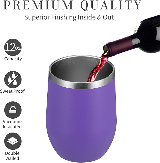 MEWAY 12oz/8 Pack Wine Tumbler Glasses with Lid - Stemless Double Wall Vacuum Stainless Steel Travel Tumbler - Keeping Cold & Hot for Wine,Coffee,Cocktails,Gifts (Purple,Set of 8)