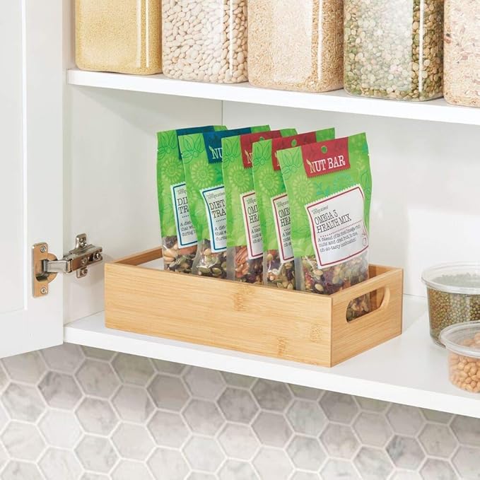 mDesign Bamboo Kitchen Storage Container Bin - Drawer Organizer Crate Box with Handles for Pantry Cabinet, Shelves, or Countertop, Holds Snacks, Spices, or Drinks, Echo Collection, Natural/Tan