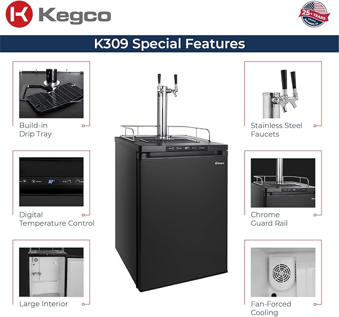Kegco K309B-2 Double Faucet Digital Black Kegerator