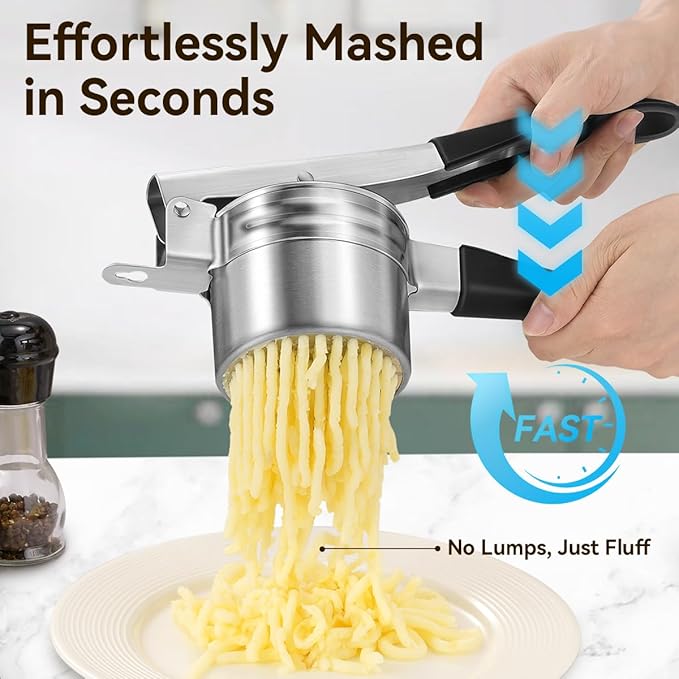 Potato Ricer, AMOHEE 15oz Stainless Steel Potato Masher Upgrade Heavy Duty Design with Anti-Slip Handle Ricer for Mashed Potatoes, Carrots, Yams, Black