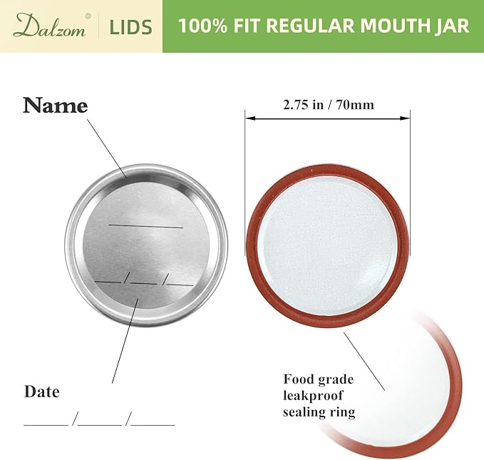 Dalzom® 72Pcs Canning Lids Regular Mouth, Premium Mason Jar Lids for Ball, Kerr Jars - Food Grade Material, 100% Fit & Airtight for Regular Mouth Mason Jars