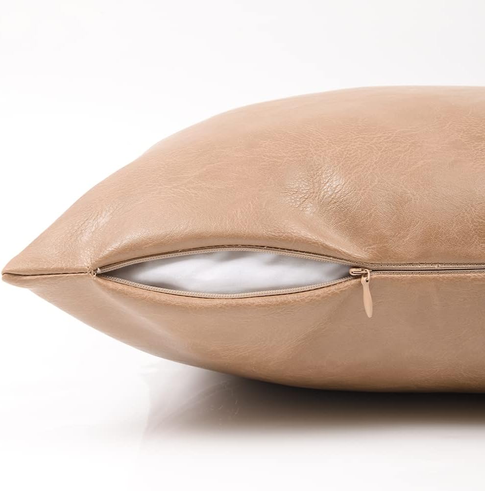 Fancy Homi Tan Decorative Throw Pillow Covers 20x20 Inch for Living Room Couch Bed, Modern Farmhouse Boho Home Decor, Waterproof Faux Leather Hand Stitched Beige Square Cushion Case 50x50 cm