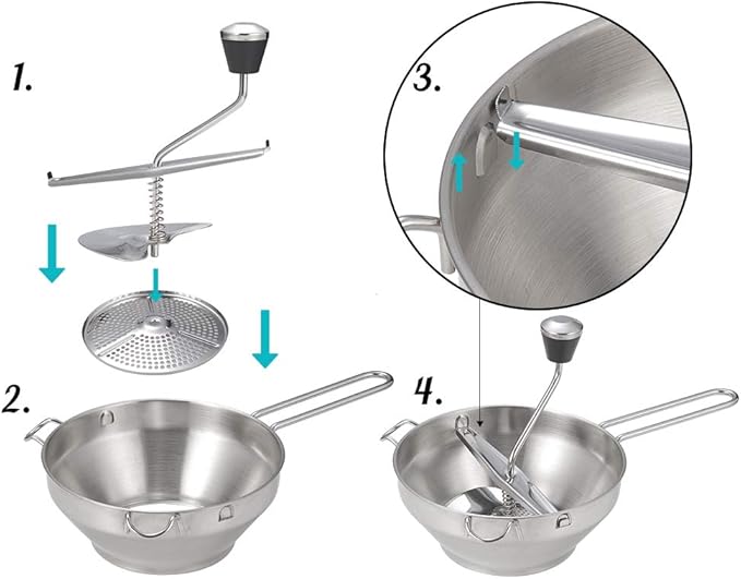 Rotary Food Mill Potato Ricer with 3 Interchangeable Disks, Great for Making Puree or Soups of Vegetables, Baby Foods, Stainless Steel 2 Quart Kitchen Mills, Easy Clean and Assemble, Manual Operati