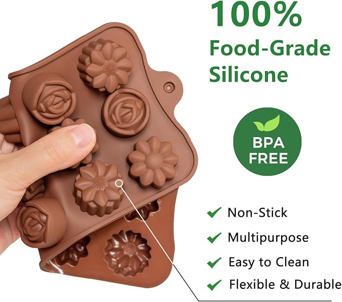 6 Pack Chocolate Molds Candy Molds Silicone, Food-Grade Non-Stick Jelly Mold, Crayon Mold, Silicone Baking Mold BPA-Free, including Flower, Heart, Star, Round, Square, and Swirl