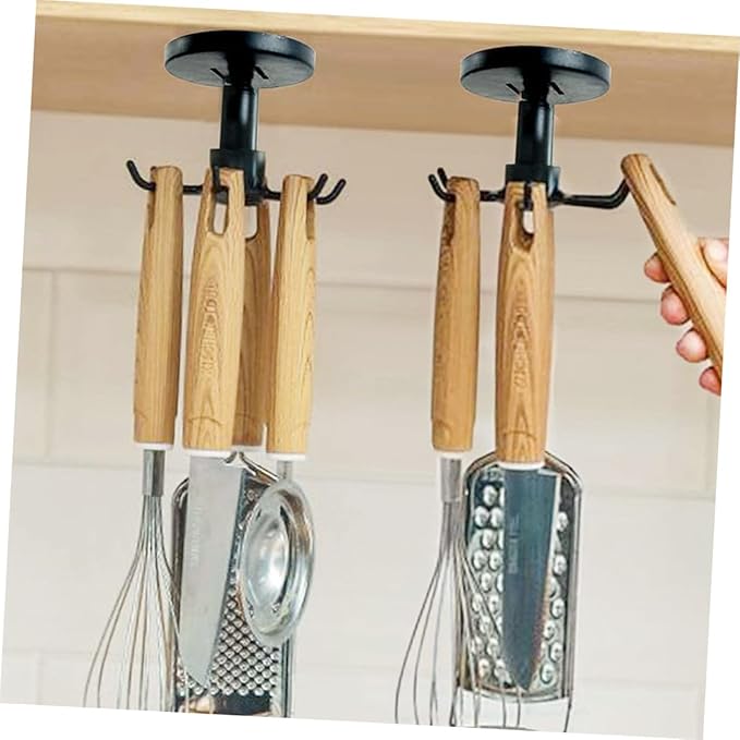 3pcs No-Nail Kitchen Utensil Hooks Rotatable Black Hanging Storage Organizer Under Cabinet Multi-Functional Wall Mounted Holder for Cooking Tools