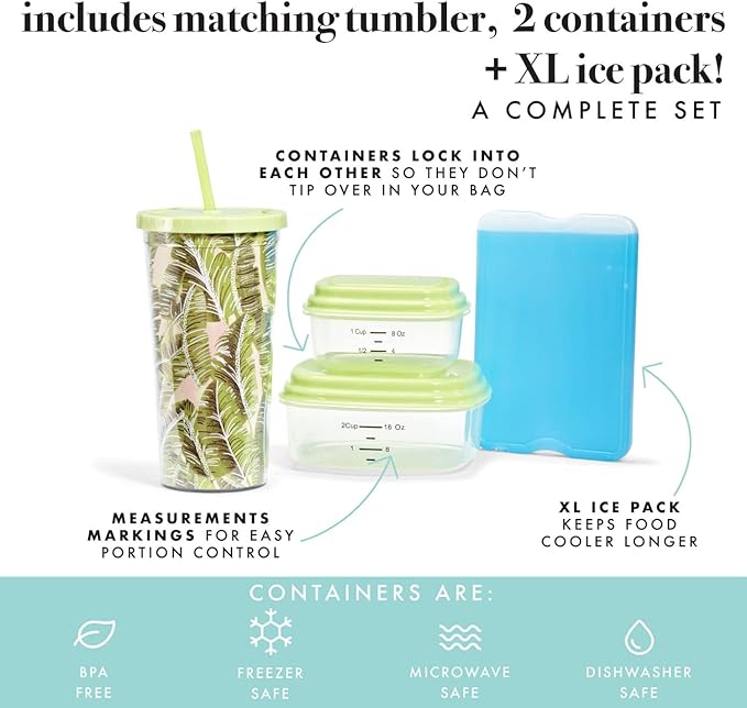 Fit & Fresh Lunch Bag For Women, Insulated Womens Lunch Bag For Work, Leakproof & Stain-Resistant Large Lunch Box For Women With Containers, Tumbler & Ice Pack, Zipper Closure Wichita Bag Palm Leaves