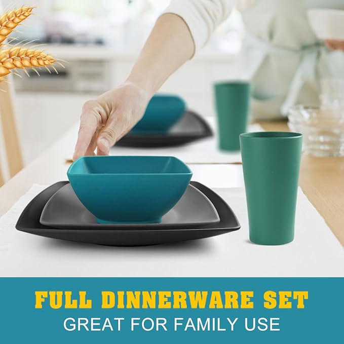 Teivio 32-piece Plastic Wheat Straw Square Dinnerware Set for 8, Unbreakable Dinner Plates, Salad Plates, Snack Bowls, Tumblers 13.5 oz, Dishwasher Safe, Coastal Multicolor