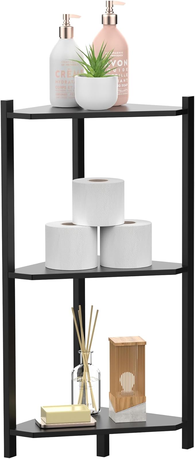Wisuce Corner Shelf, 100% Real Bamboo Shower Corner Shelves Free Standing Shelf Storage Organizer for Bathroom Living Room Kitchen (Black, 3 Tier)