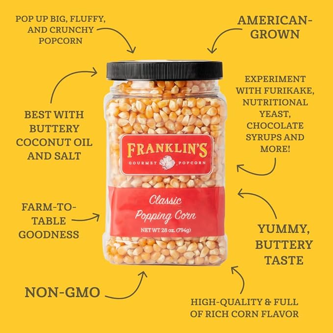 Franklin’s Gourmet Popcorn 28oz Tub Classic Popcorn Kernels for Popping - Made in USA, Non-GMO & All-Natural - Old Fashioned Unpopped Popcorn Kernels for Popcorn Machine
