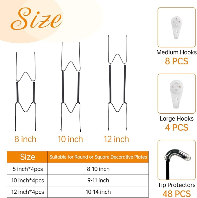 Bilillo 12 pcs Plate Hangers for The Wall, 8/10/12 Inch Invisible Plates Hangers, Stainless Steel Plate Wall Holders for Display Various Sizes with Hooks for Decorative (Black)