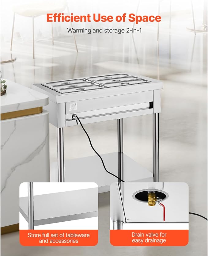 Happybuy 6-Pan Commercial Food Warmer, 1500W Electric Steam Table with Undershelf, Stainless Steel Buffet Server for Restaurants, Parties, and Hotels