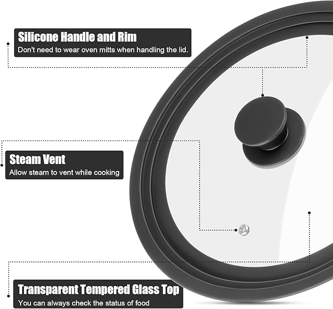 Universal Lid for Pots, Pans and Skillets - Tempered Glass Lid with Heat Resistant Silicone Rim Fits 10", 11", 12" Diameter Cookware, Replacement Lid for Frying Pan & Cast Iron Skillet