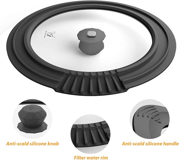 Tempered Strainer Lid for Stockpot, Pasta, Soup Pots with Heat Resistant Silicone Rim - Universal Pan Lid with Pour Spout - Water, Oil Safe - Microwave Safe - Fit 6.5-12 inch - Black