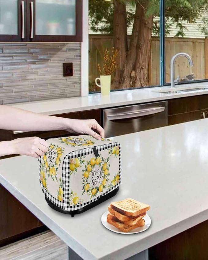 Summer Lemon Toaster Cover 2 Slice, Farmhouse Black Check Dustproof Bakeware Oven Protector with Top Hook, Plaid Vintage Waterproof Small Kitchen Appliance Toasters Dust Cover, 11"x6"x8"