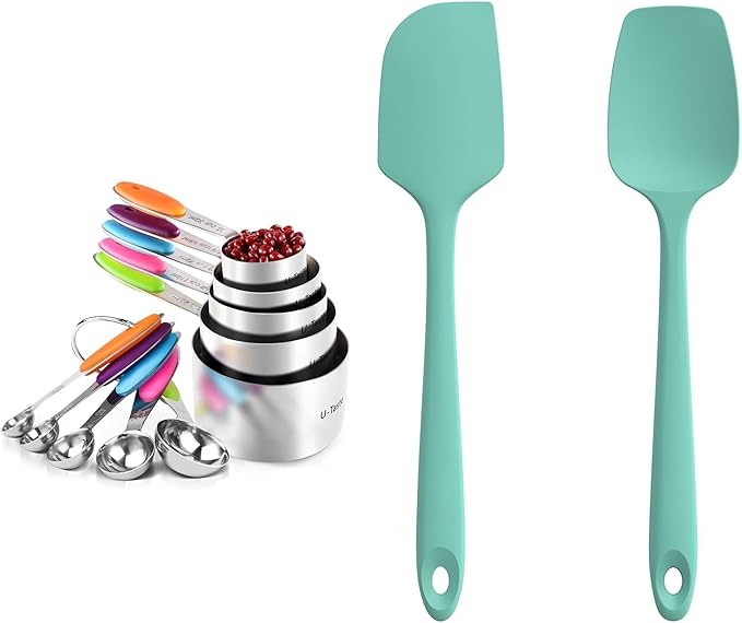 U-Taste 18/8 Stainless Steel Measuring Cups and Spoons (Set of 10, Multicolor), and 18/8 Stainless Steel 600ºF Heat Resistant 11.38in Flexible Non-Stick Spatula & Spoon Spatula (Aqua Sky)